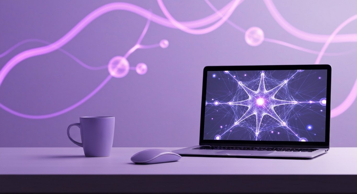 Laptop on a tidy desk with a mug and mouse, glowing neural network hologram against a soft purple gradient