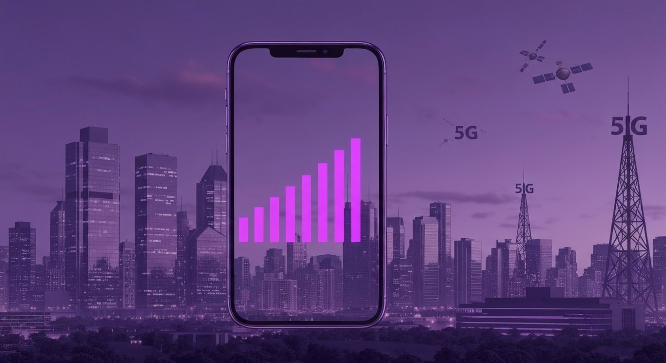 Modern mobile phone glowing with signal in front of a city skyline and distant satellites