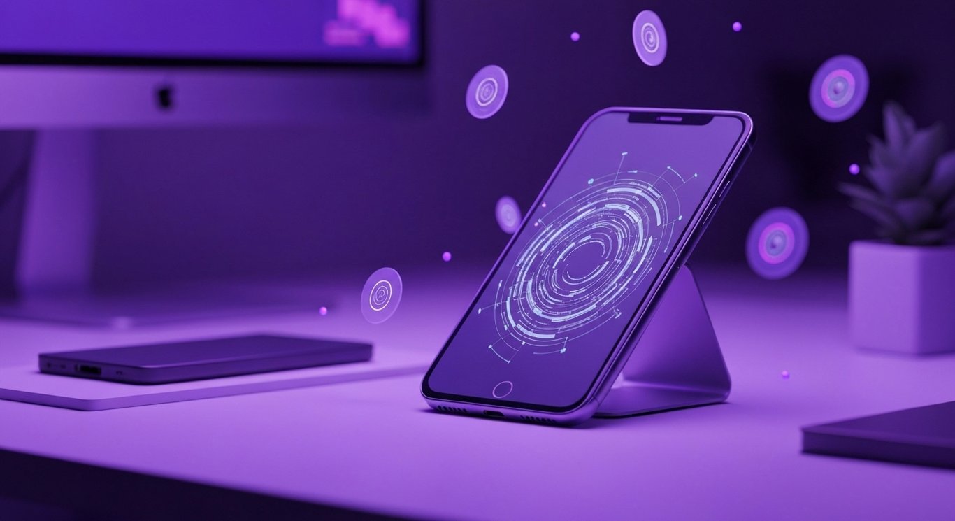 Modern smartphone displaying an AI hologram in a futuristic workspace with purple lighting