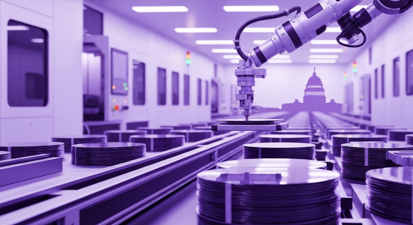 Semiconductor wafer held by a robotic arm in a cleanroom with stacked wafers and faint Capitol dome silhouette