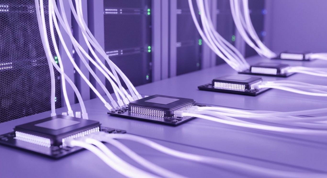 High-performance computer chips surrounded by glowing network cables in a futuristic server room