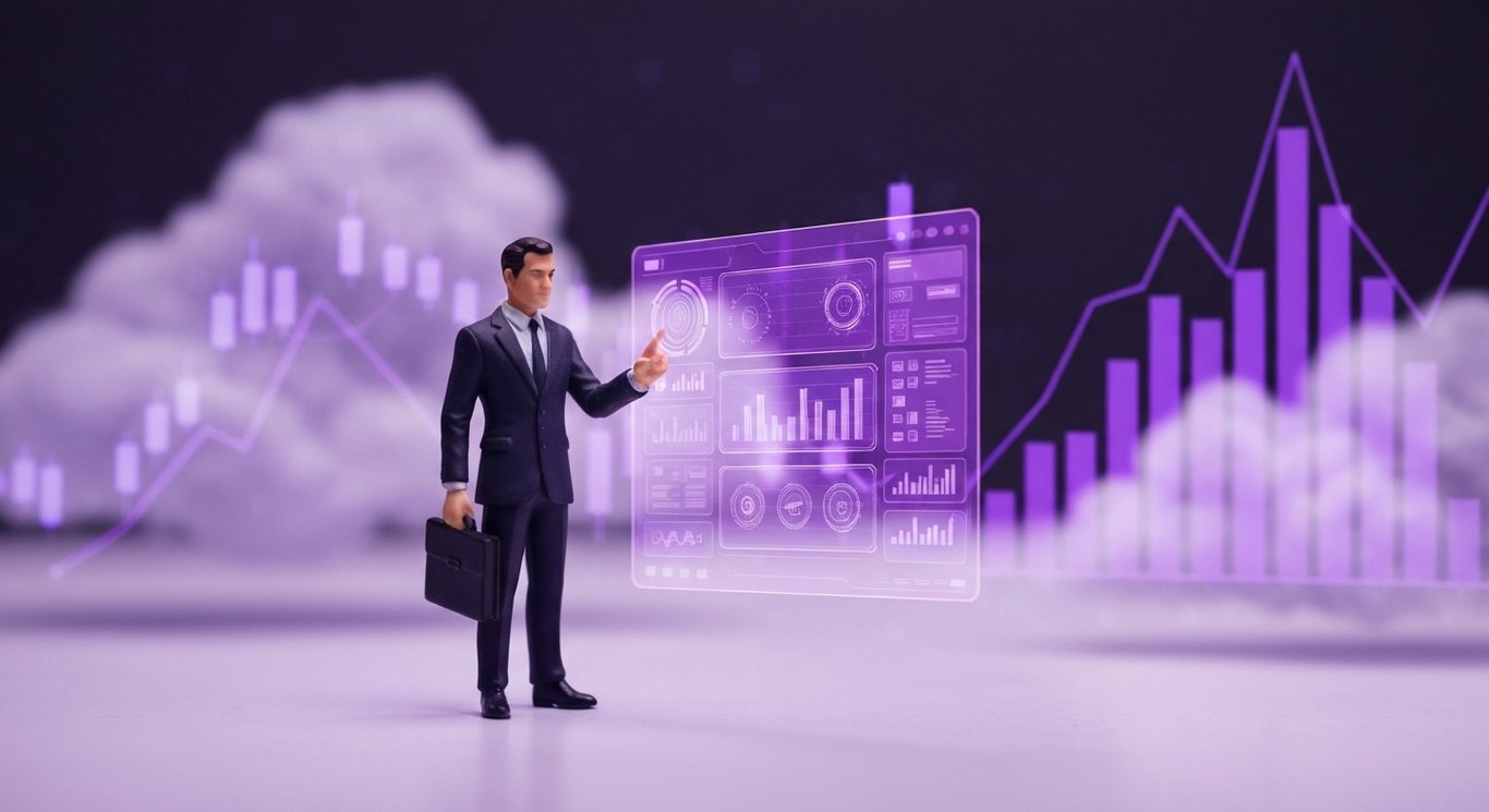 Business executive figurine with AI hologram and digital clouds in a minimalist purple setting