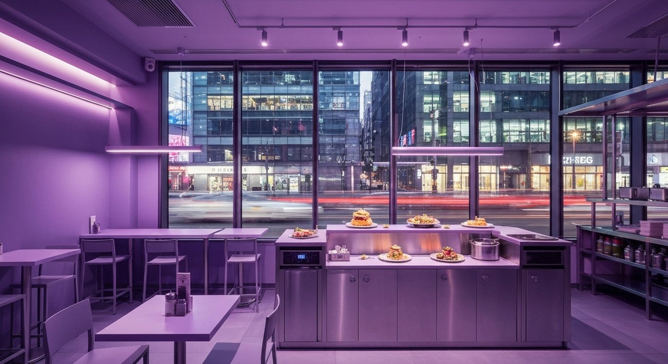 Modern fast food restaurant with creative food on tables and an urban cityscape seen through large windows