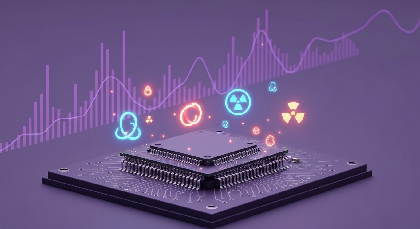 Modern computer chip on circuit board with glowing abstract symbols and purple gradient background