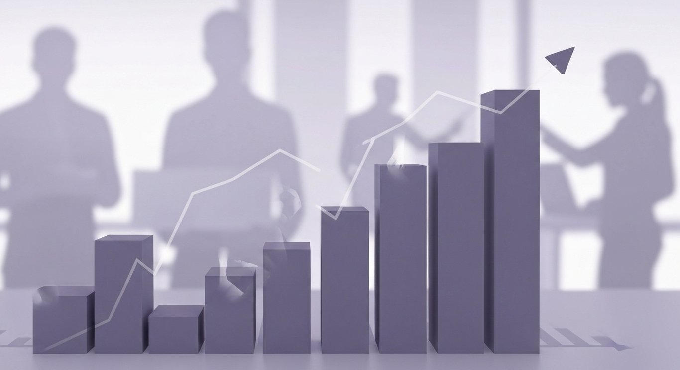 Abstract financial graph with people silhouettes analyzing data, set against a purple-toned minimalist background