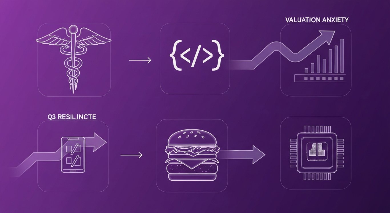 Q3 earnings resilience across healthcare and software with consumer value shift and AI advertising concerns in a purple-toned