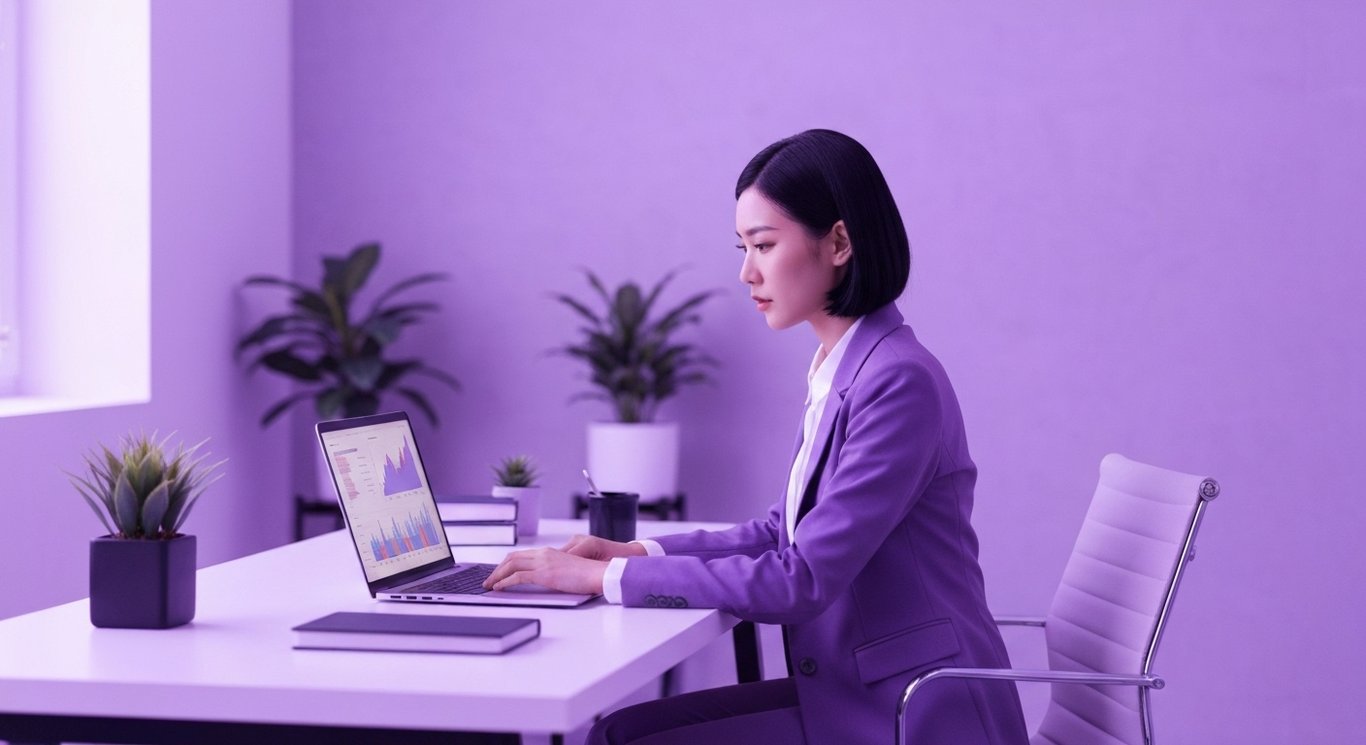 Businesswoman at a desk with a laptop and financial charts in a modern office with purple lighting