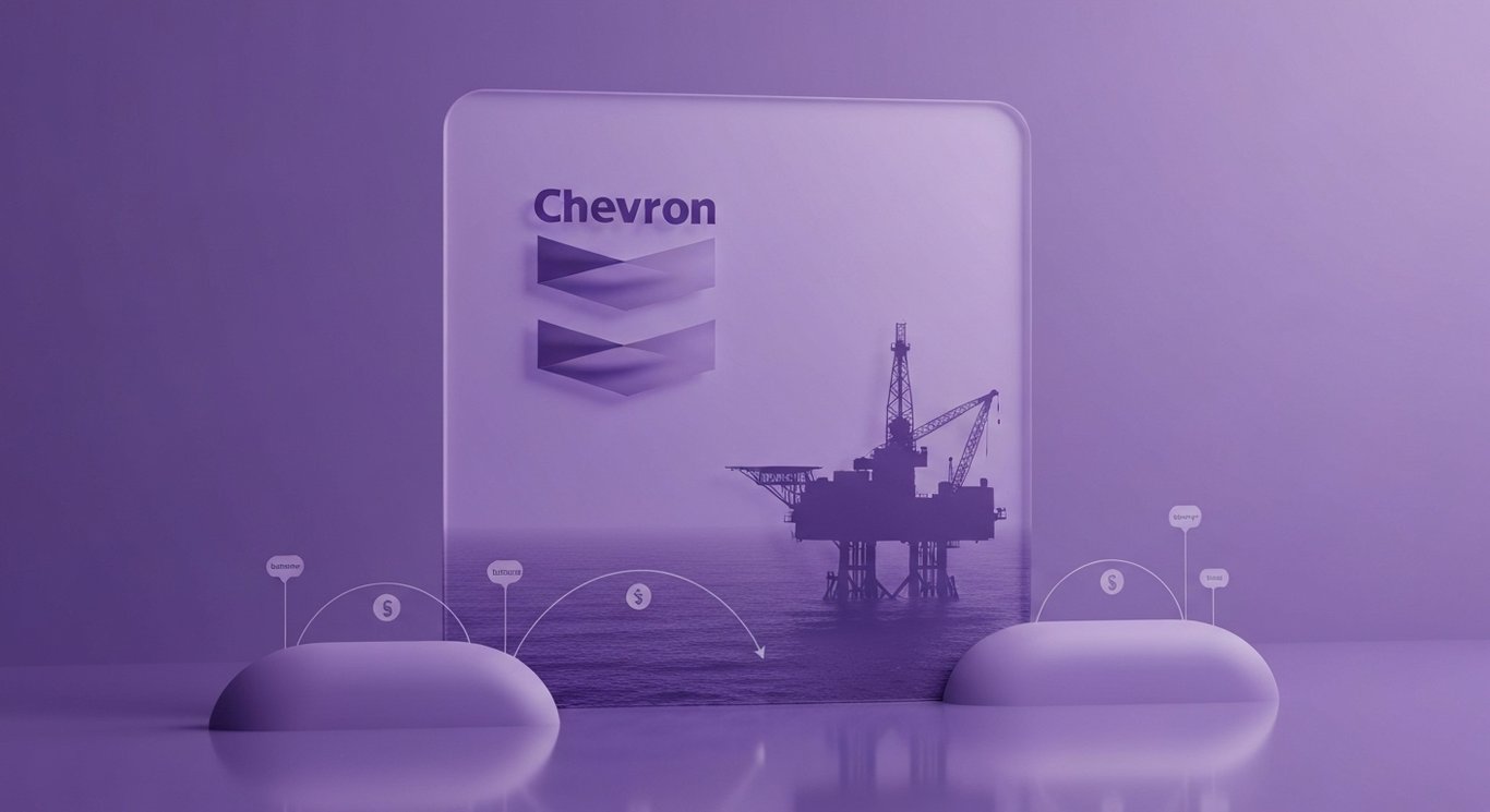 Chevron Hess takeover visual with offshore Guyana rig, Permian shale, lithium strategy, cash returns and buybacks in a purple