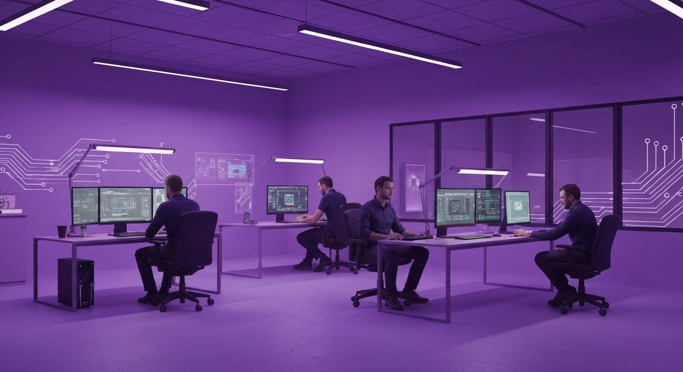 Industrial workspace with engineers using advanced computers in a softly lit, purple-accented modern studio