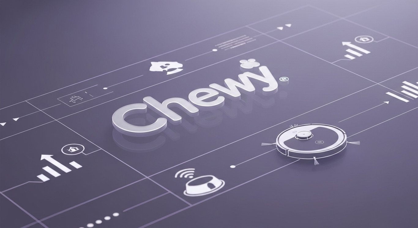 Company logo with robot vacuum and smart home icons, pet tech theme, stock growth indicators and revenue focus