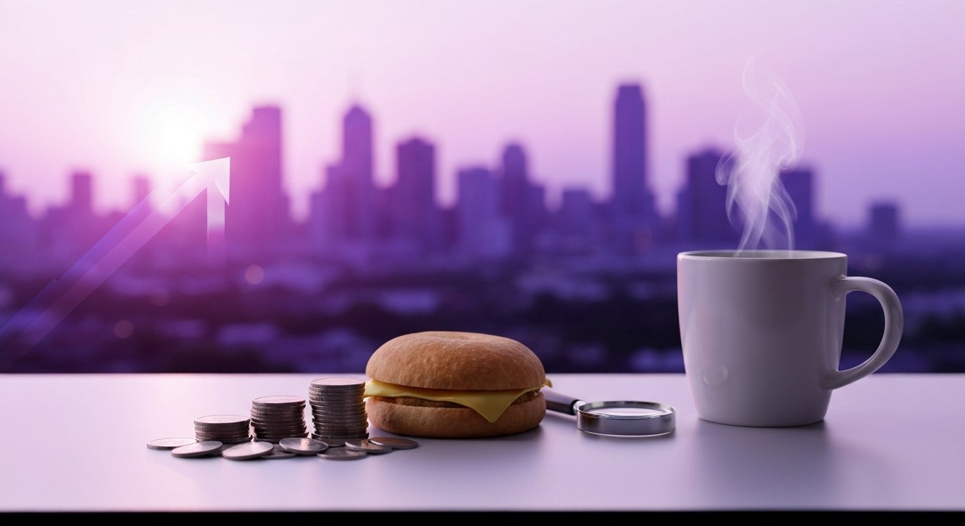 Stack of coins beside a breakfast sandwich and coffee cup under a soft sunrise with faint upward arrow motif