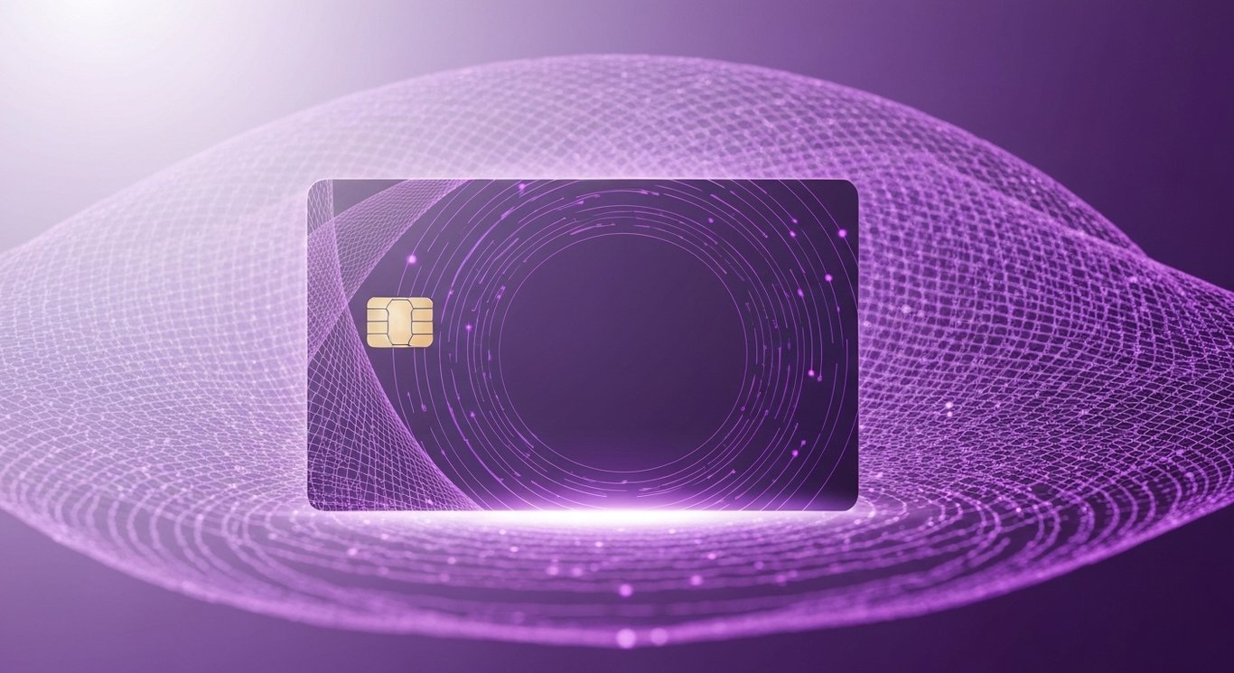 Digital payment card with chip on swirling purple digital lines background