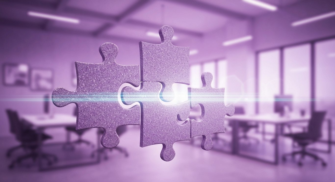 Three abstract puzzle pieces interlocking in a modern office with a purple-toned background