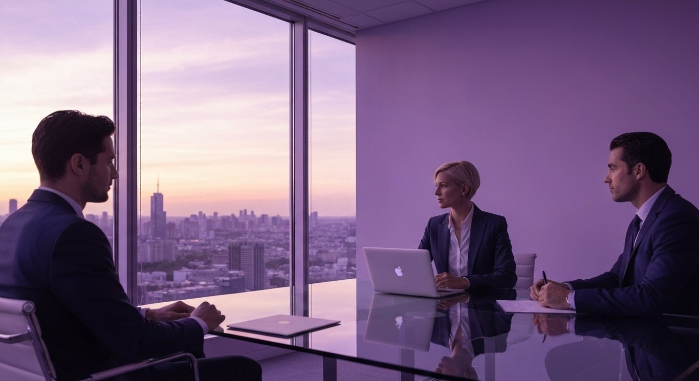 Business professionals gather at a glass table with a city skyline and soft purple sunset in the background