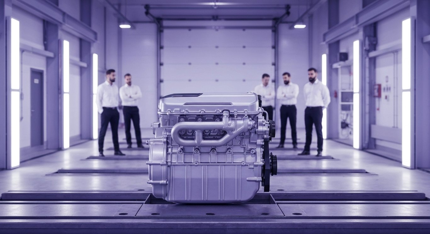 Modern diesel engine in a bright industrial facility with engineers observing in the background