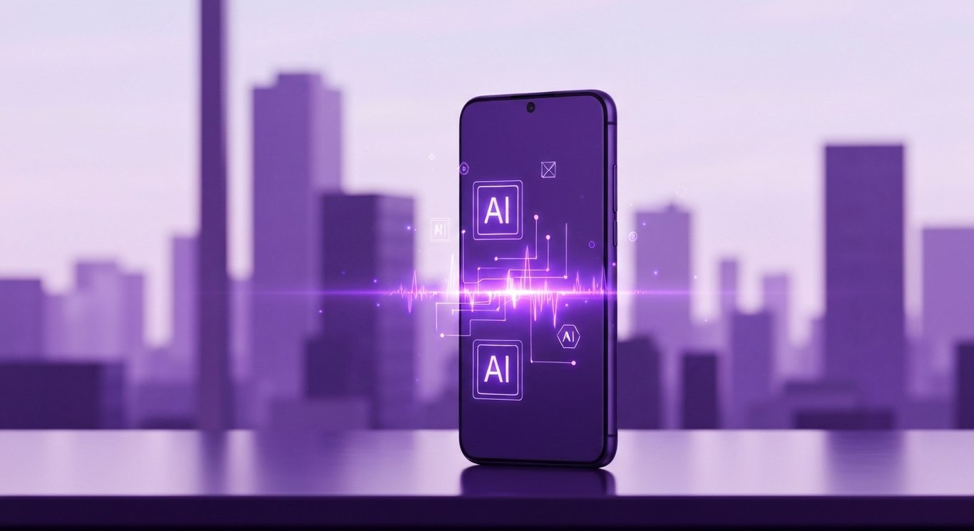 Modern smartphone with AI symbols on a sleek desk against an abstract purple cityscape