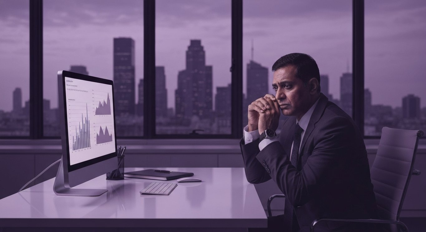 Businessman at modern desk viewing financial charts, city skyline visible through office windows with a purple hue