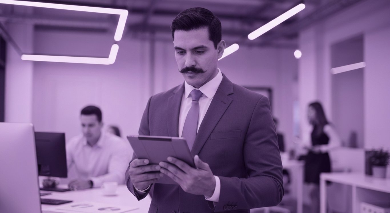 Business executive using a digital tablet in a modern office with a soft purple background