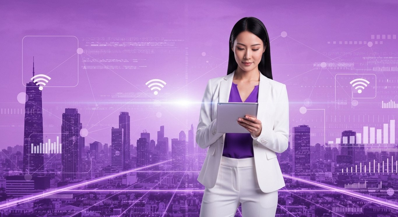 Businesswoman with tablet stands before a futuristic city skyline with digital data overlays and wireless connections
