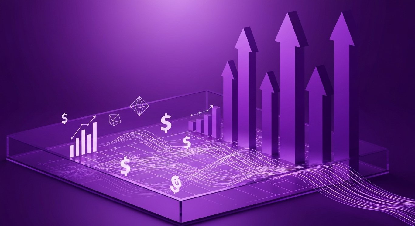 Abstract market trends visualization with rising arrows and finance symbols in a purple theme