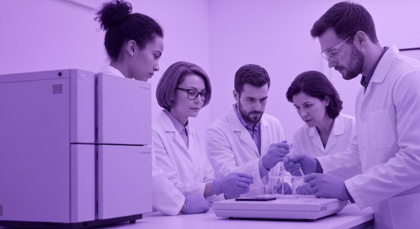Group of scientists examining laboratory equipment in a modern lab with soft purple background