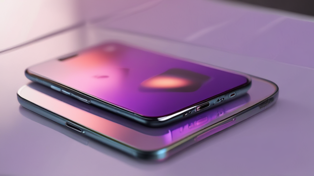Modern smartphone on a glass table with blurred technology devices in a purple-themed setting