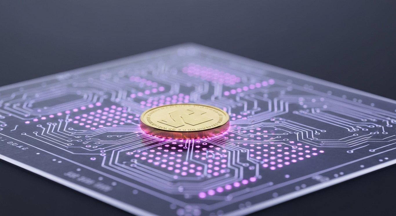 Gold coin over translucent circuit board on a digital grid with glowing purple nodes