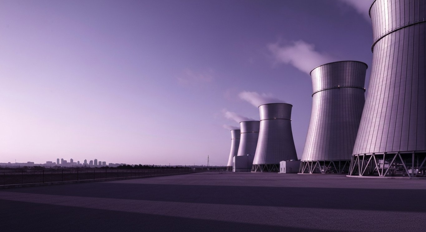 Modern power plant with cooling towers under a soft purple evening sky