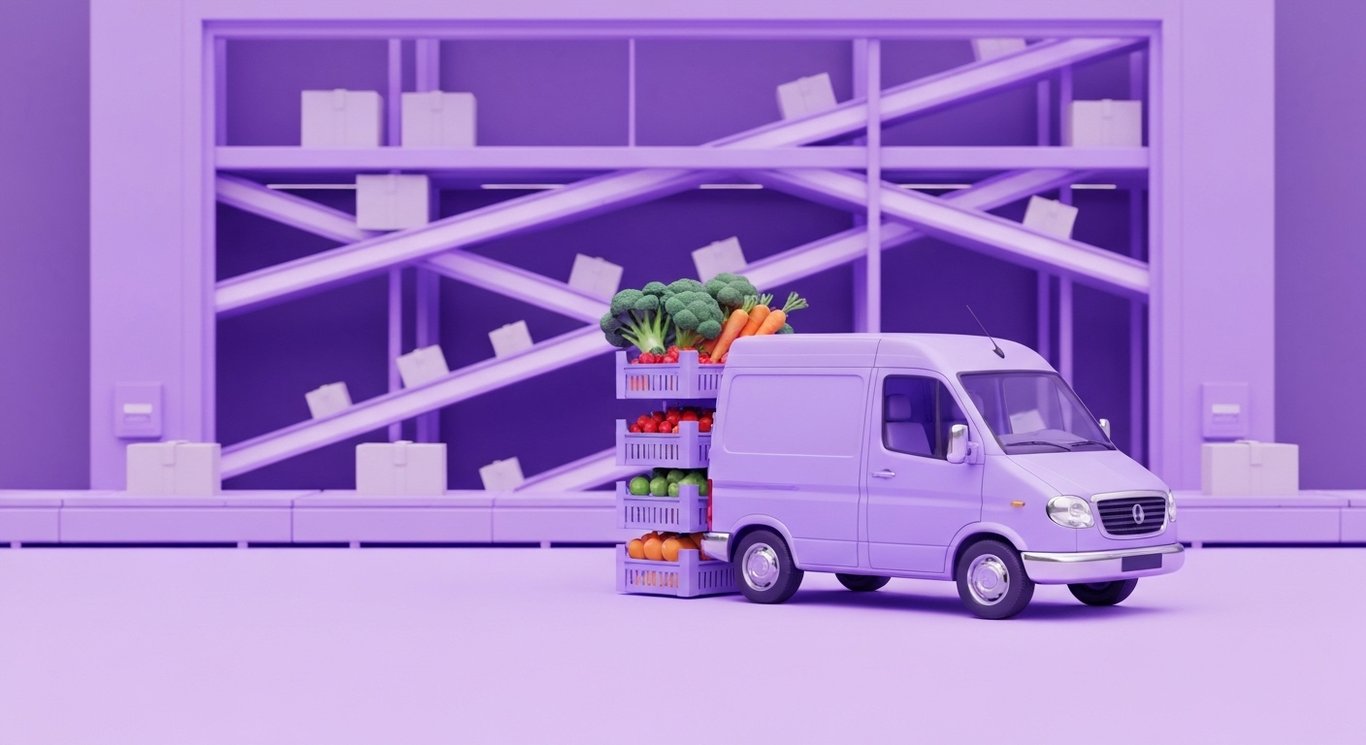Grocery delivery van with stacked produce crates in front of an automated warehouse with conveyor belts