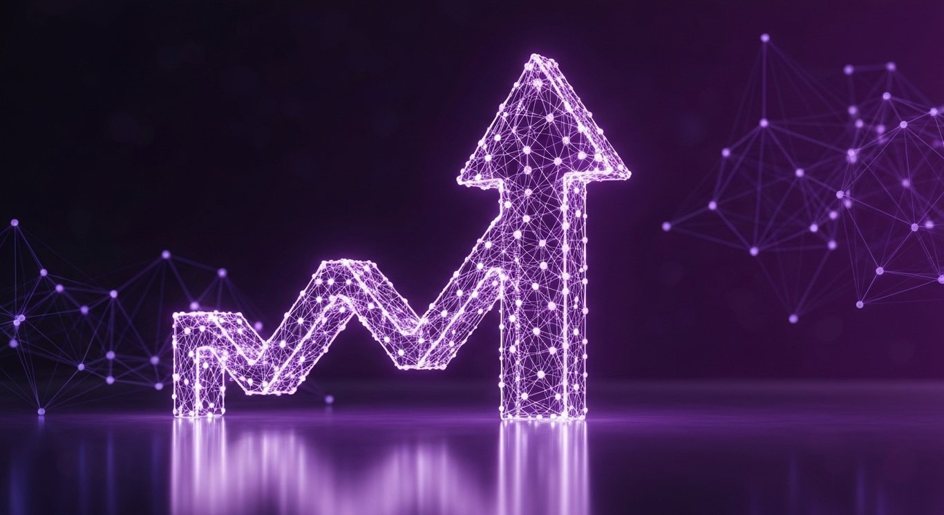 Glowing 3D upward arrow composed of neural nodes above a sleek glass surface with soft purple bokeh