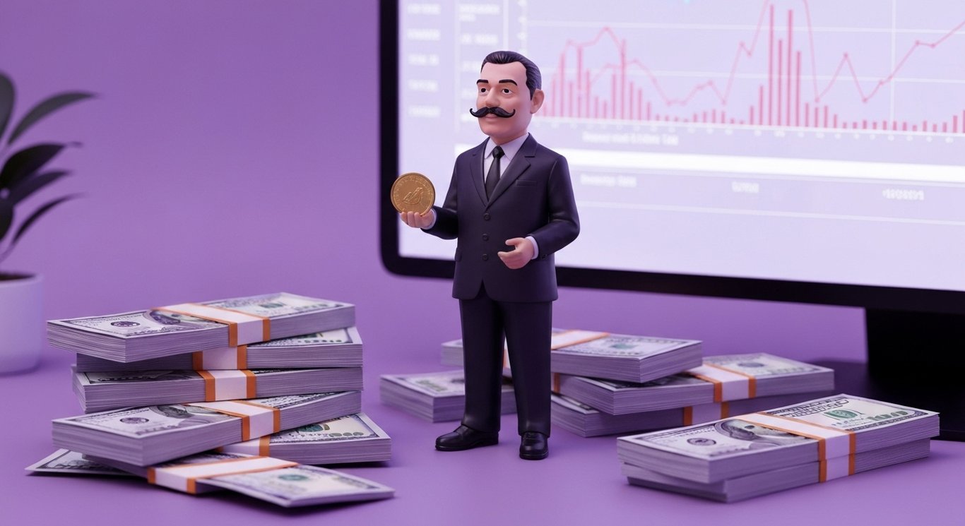Business executive figurine with coin, stacks of cash, and digital graph in modern office with purple tones