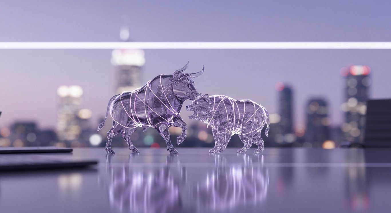 Glass bull and bear hover above a sleek desk with soft purple city lights in the background
