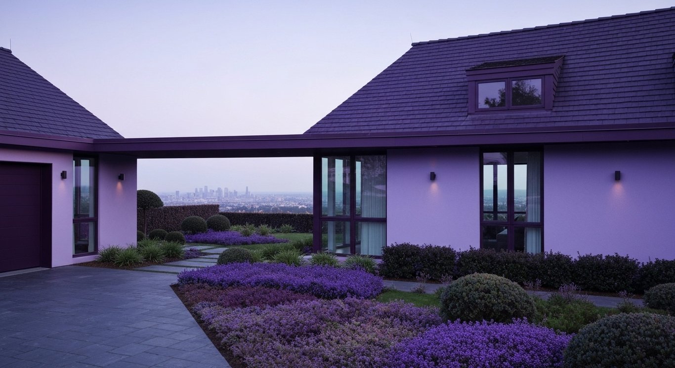 Luxury modern home exterior framed by elegant landscaping and a distant city skyline
