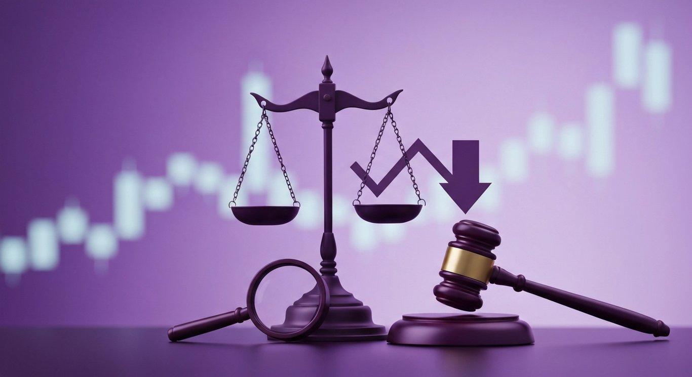 Scales of justice, gavel, and magnifying glass before an abstract purple market backdrop with a subtle downward arrow