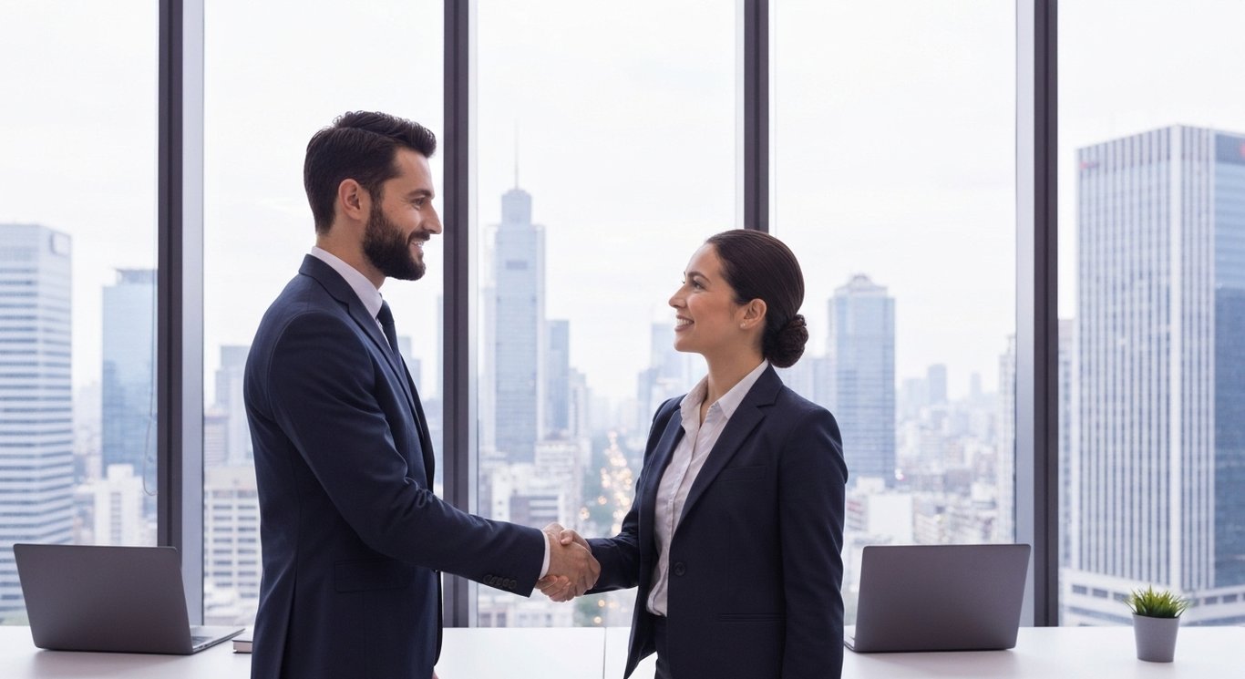 Two executives shake hands in a modern office with large windows showing an Asian city skyline