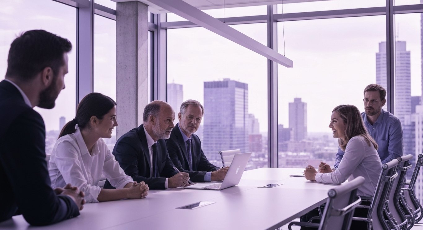 Businesspeople discussing around a sleek conference table in a modern office with city view and purple lighting
