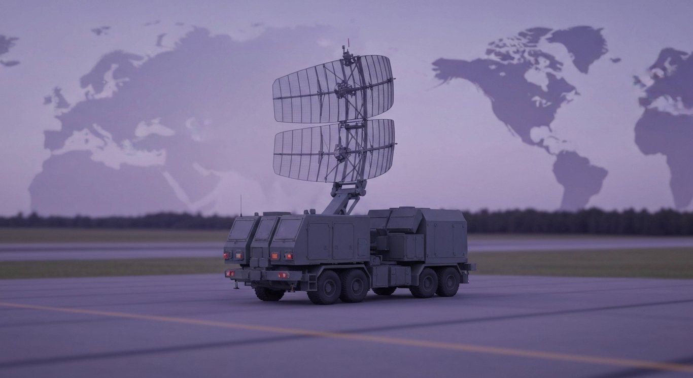 Air defense missile system and phased-array radar on a military airfield with soft purple gradient and faint map outlines