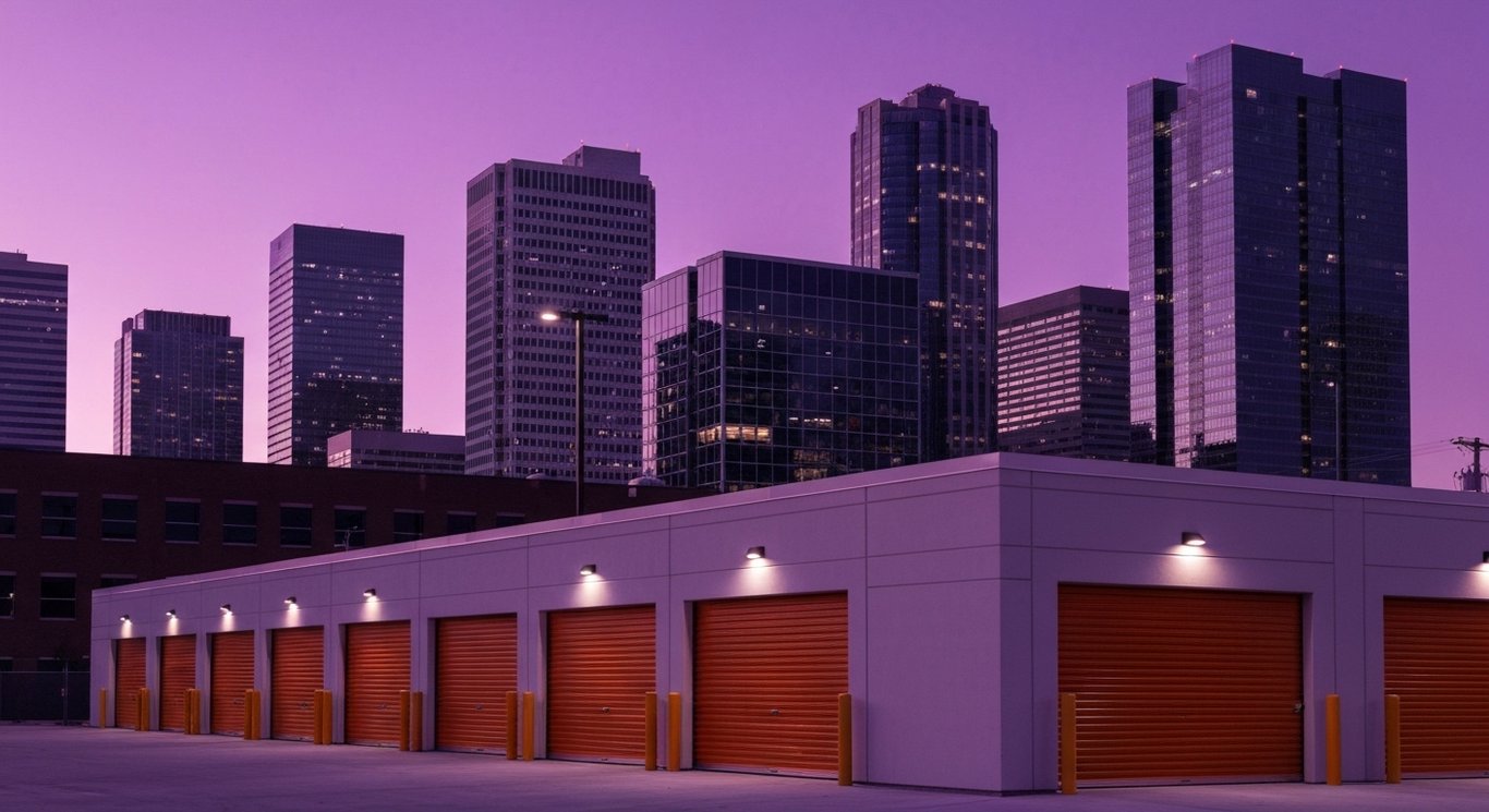 Self-storage facility with orange doors in front of a city skyline at dusk, purple tones throughout