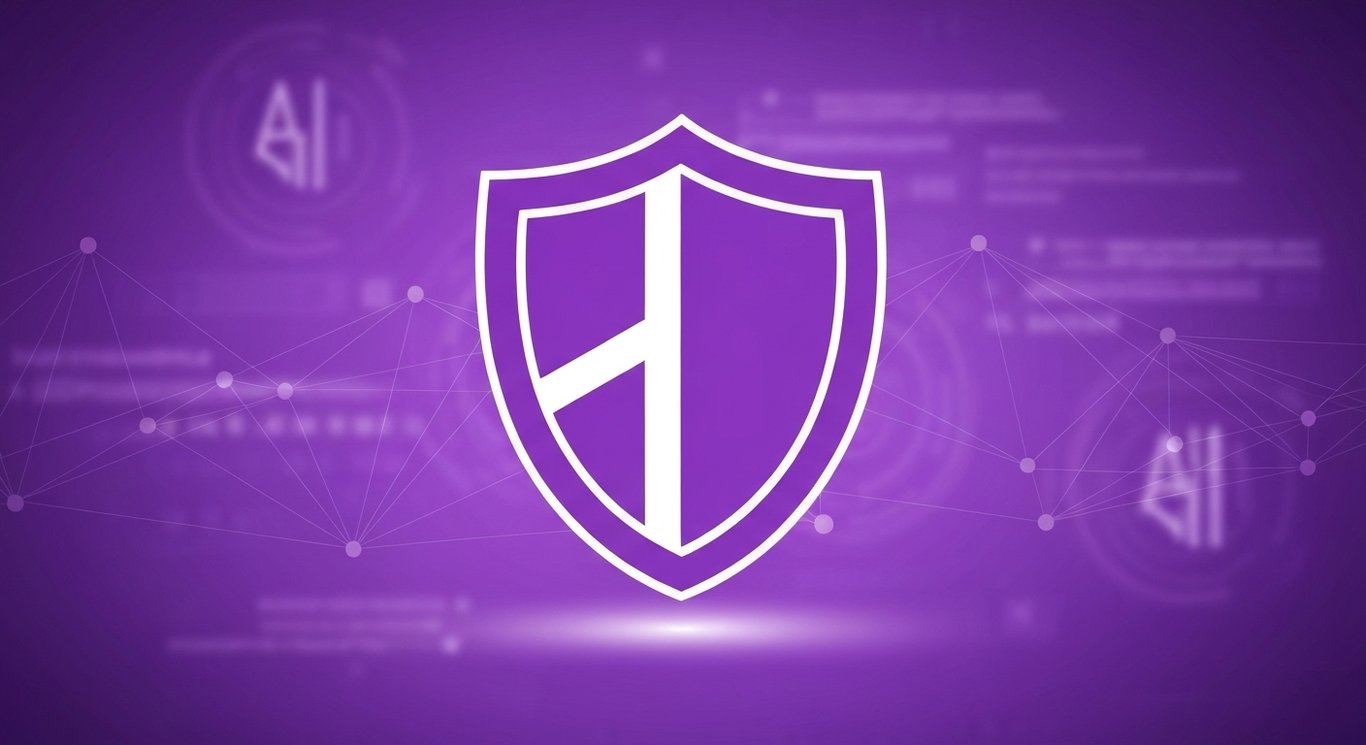 Cybersecurity shield icon with digital network lines and AI motifs on a purple background