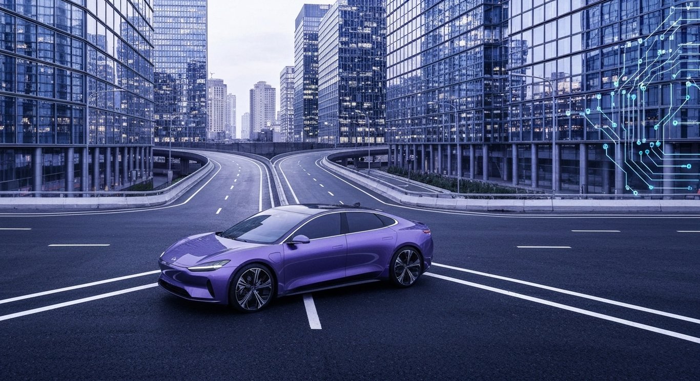 Electric car at a crossroads with futuristic cityscape and abstract technology elements in the background