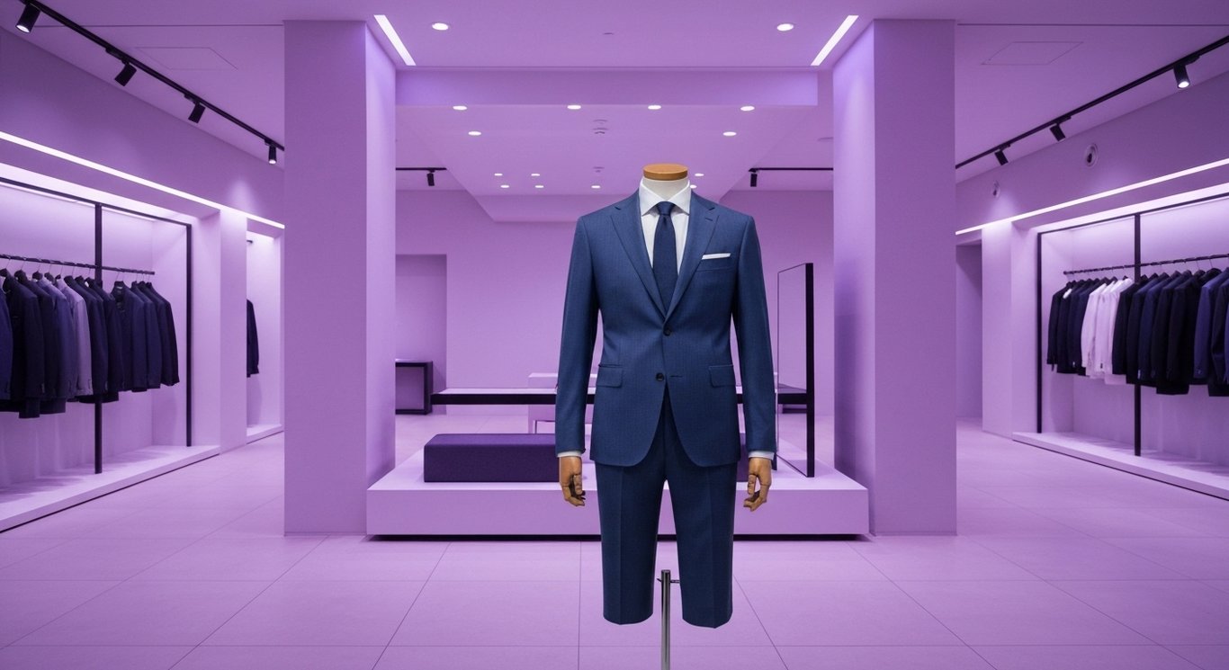 Elegant business suit displayed in a modern showroom with soft purple lighting