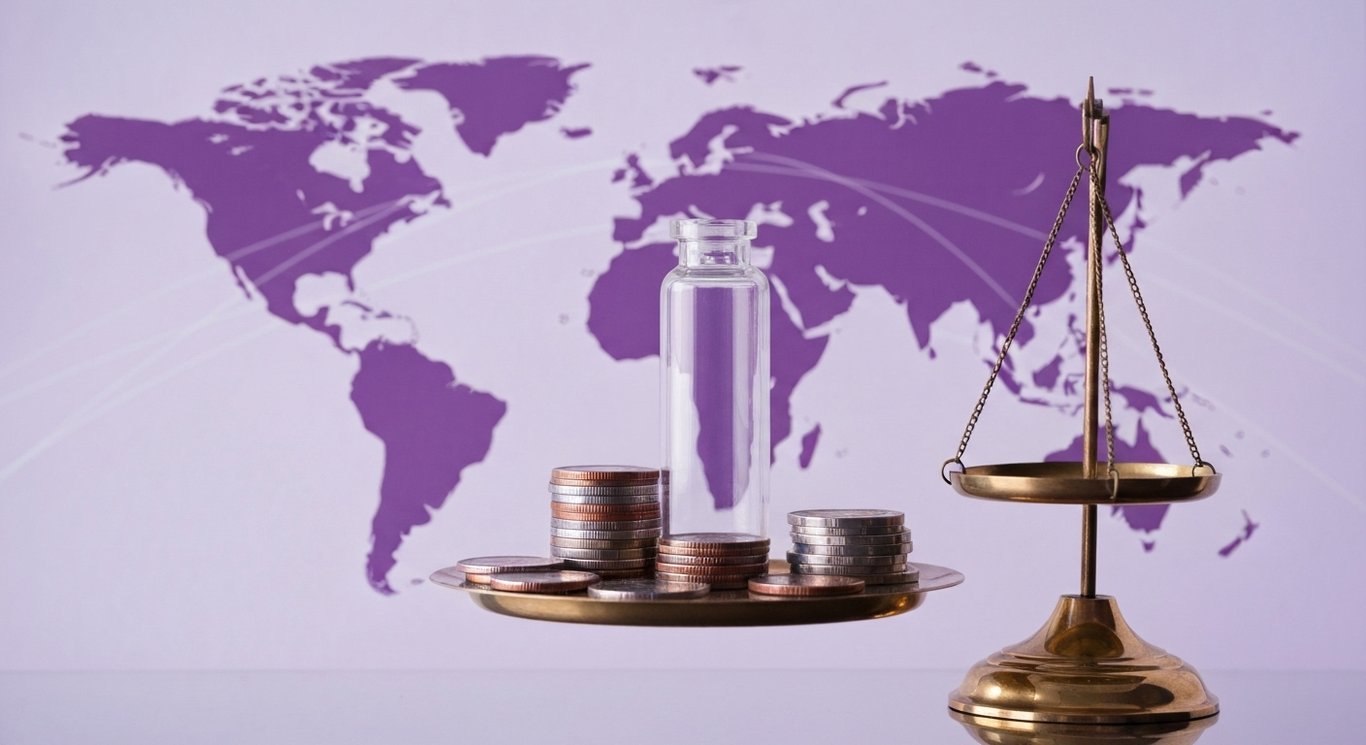 Glass vial and coin stacks on a brass scale before soft world map and faint line shapes in purple glow