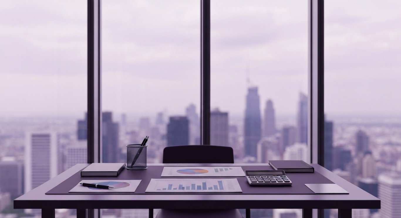 Office desk with financial charts and calculator, cityscape visible through window in purple hues