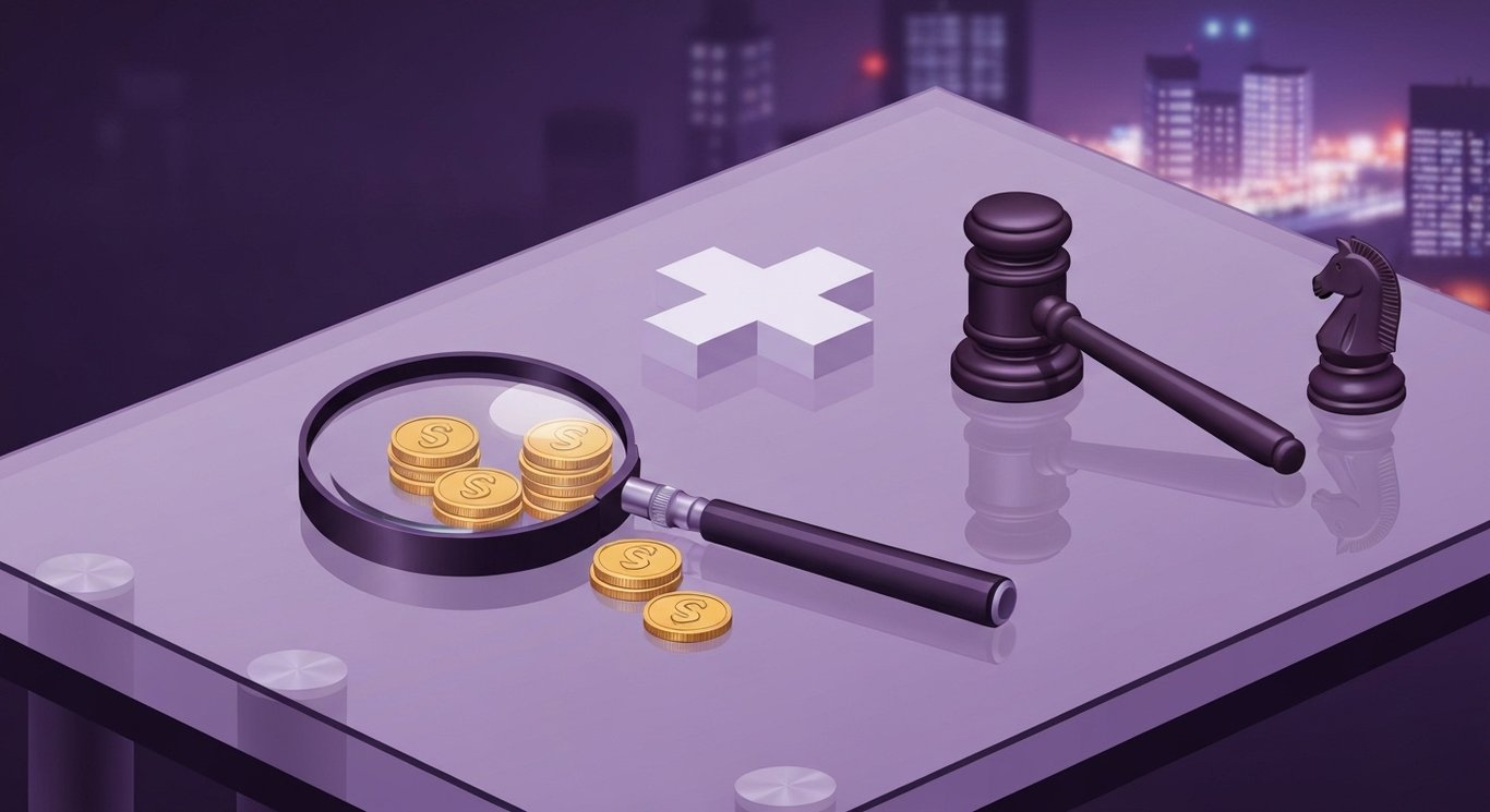 Magnifying glass over stacked coins, medical cross, gavel, and chess knight on a sleek glass desk with soft gradient bokeh