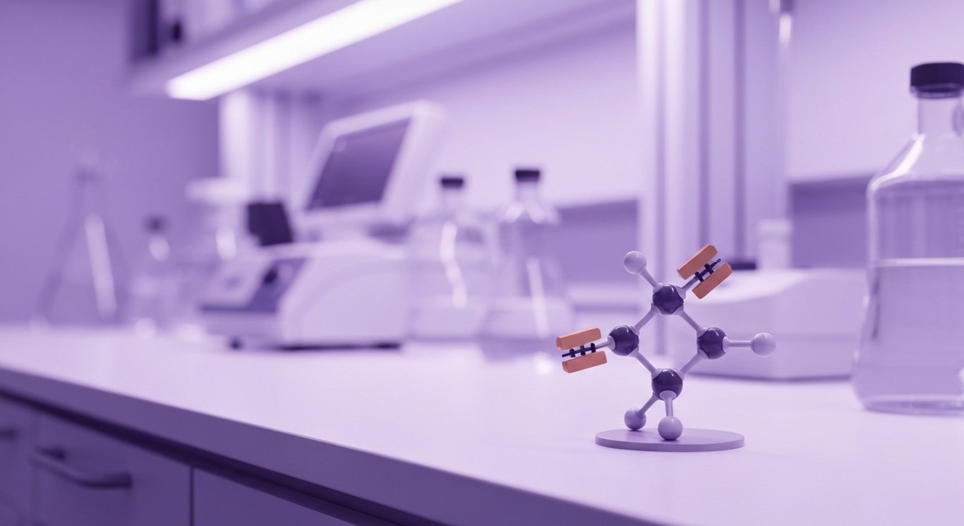 Molecular model of antibody on lab countertop with softly blurred equipment in the background