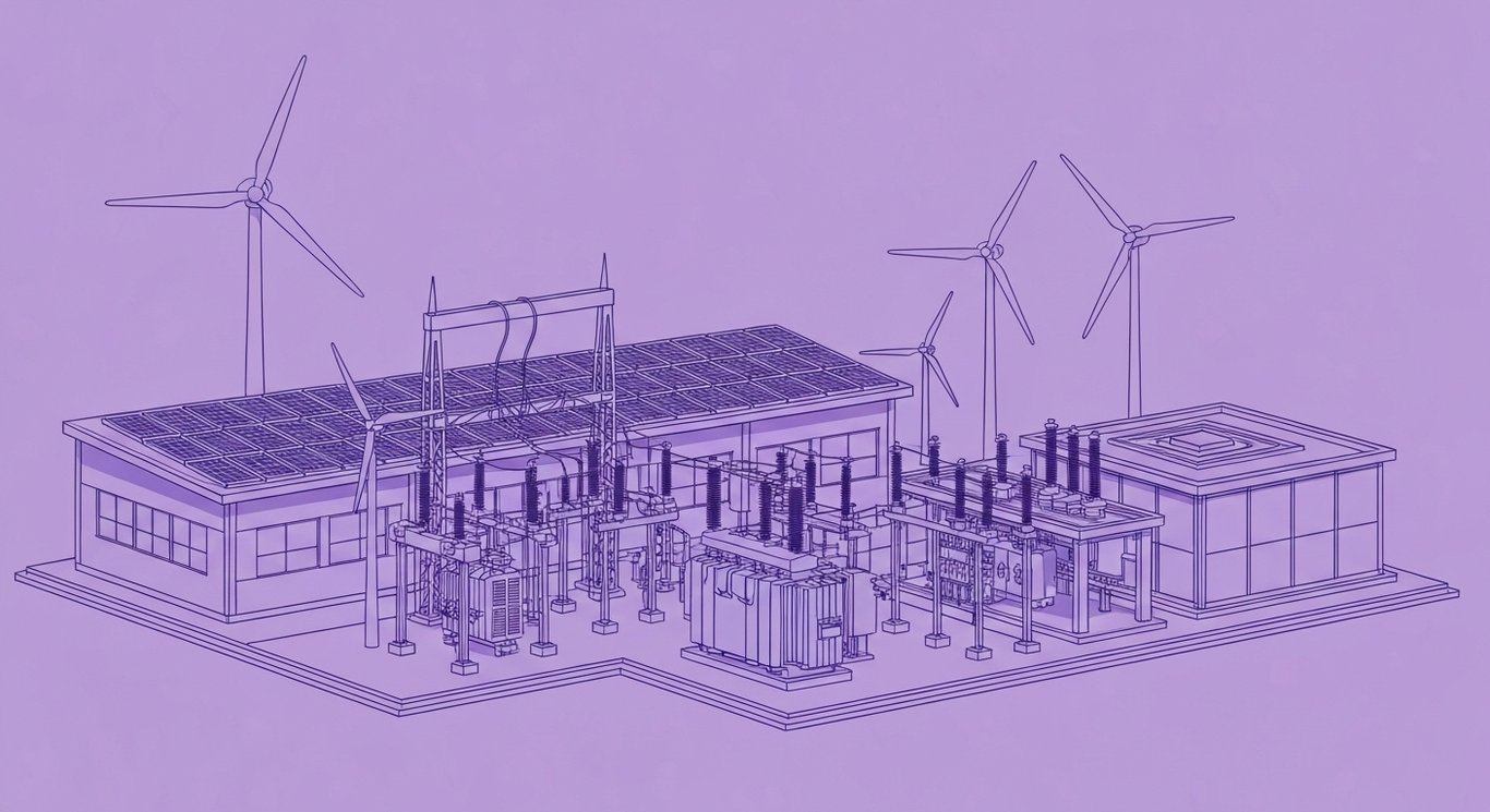 Power substation amid renewable energy and sleek AI data center with a purple minimalist background