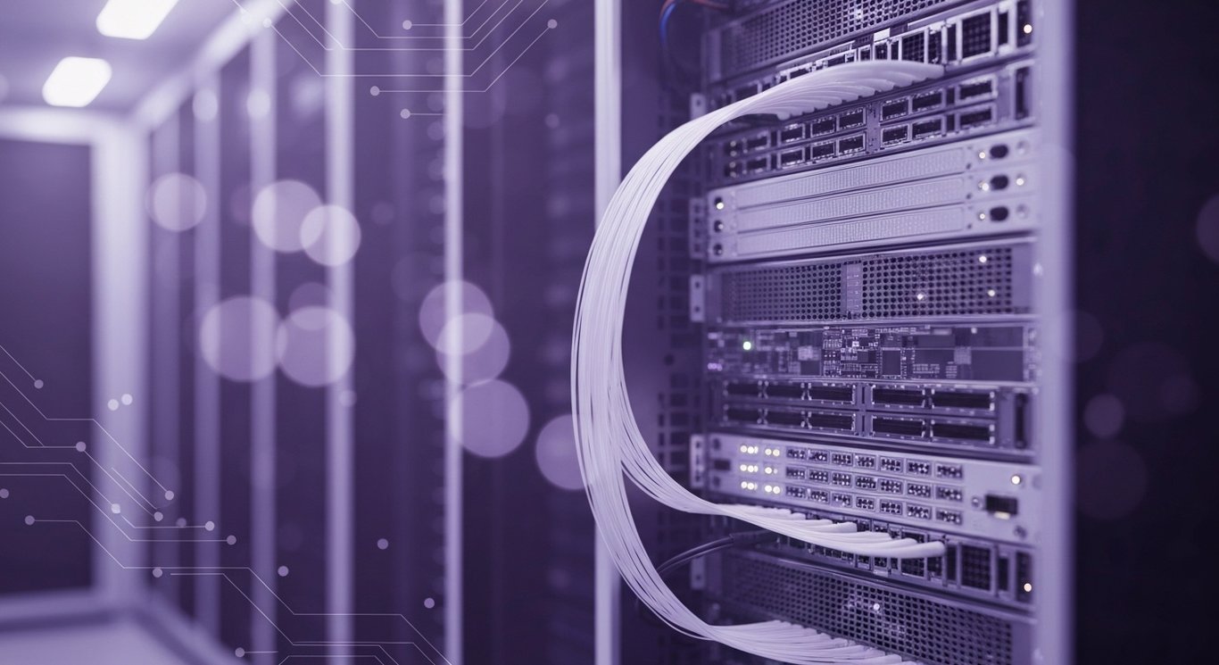 Server rack with accelerator cards and high-speed switches under dim purple lighting and soft bokeh