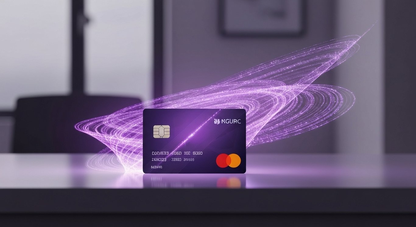 Digital payment card on reflective table with abstract glowing data streams in a modern office setting