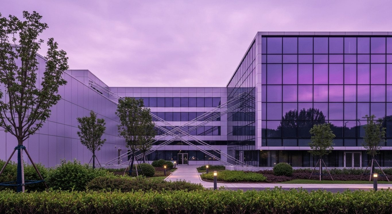 Modern data center facility amid green landscape and power lines under a purple-tinted sky