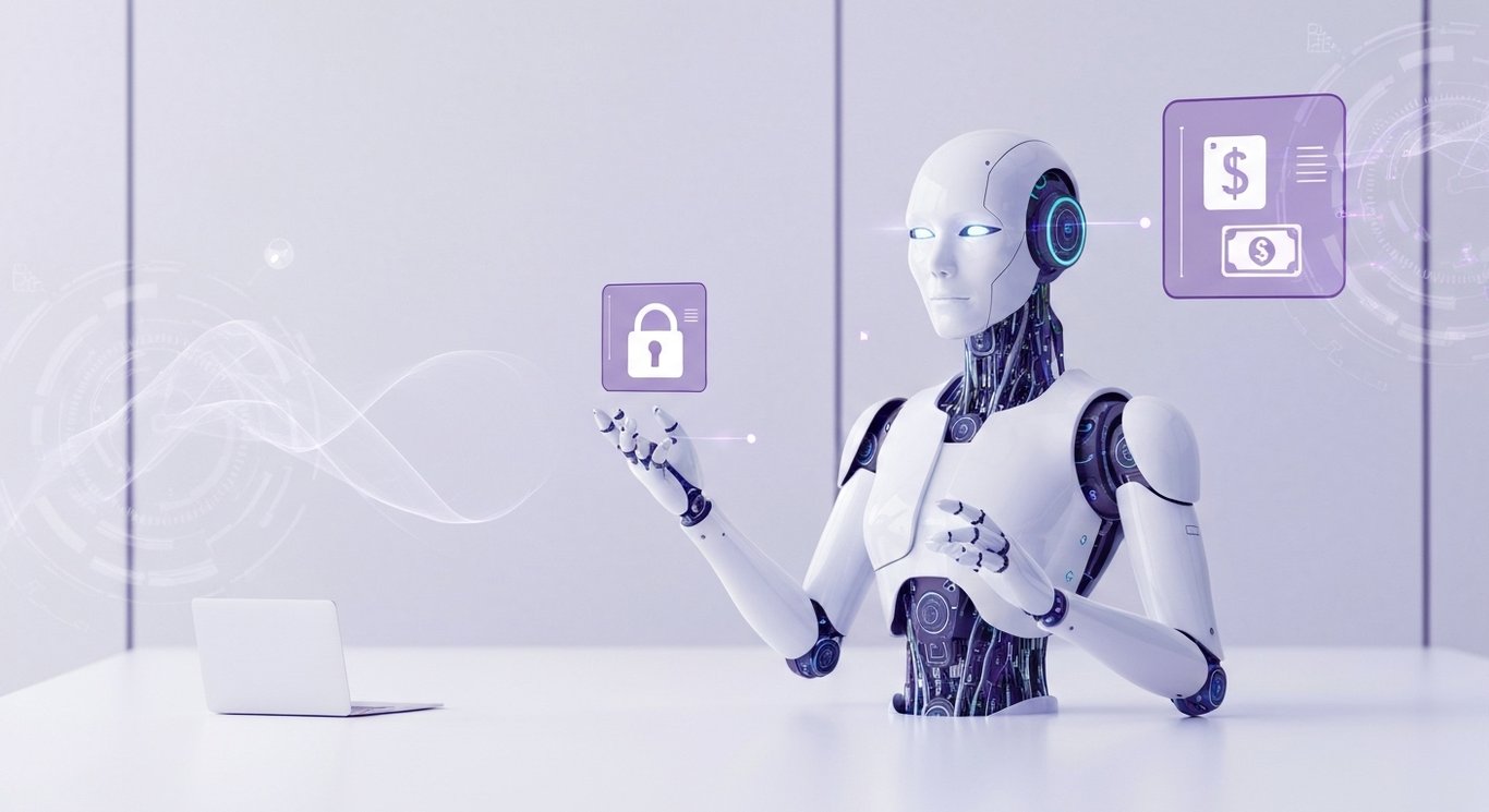 AI assistant with digital security and financial icons in a sleek office with subtle purple accents